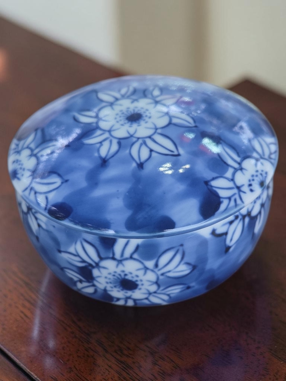 VTG Arita Ware Haruyama Kiln Lidded Porcelain Trinket Jar Blue & White Signed 4"